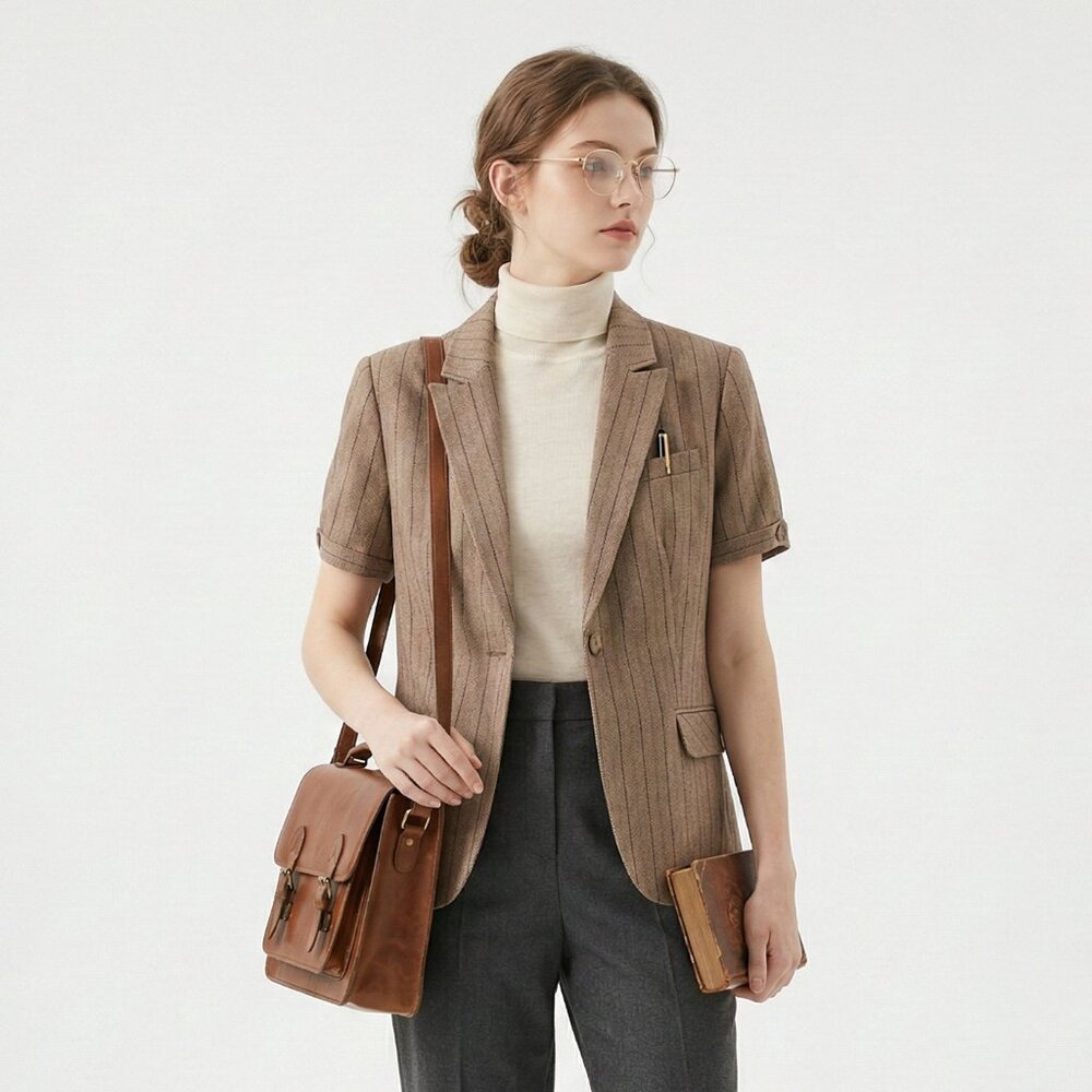 Style & Co. Jacket Brown Pinstripe Linen Short Sleeve Academia Twee 10